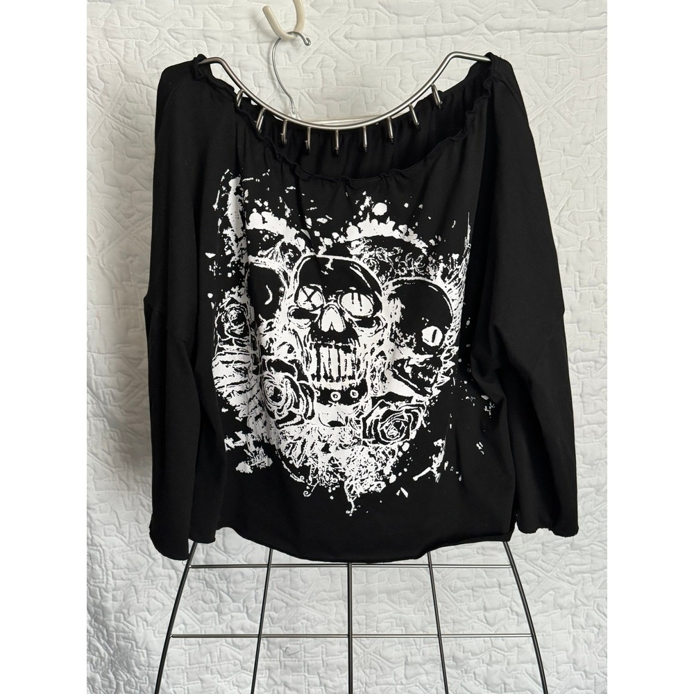 Gothic Skull Graphic Off Shoulder Top Black Long Sleeve Punk Grunge XS